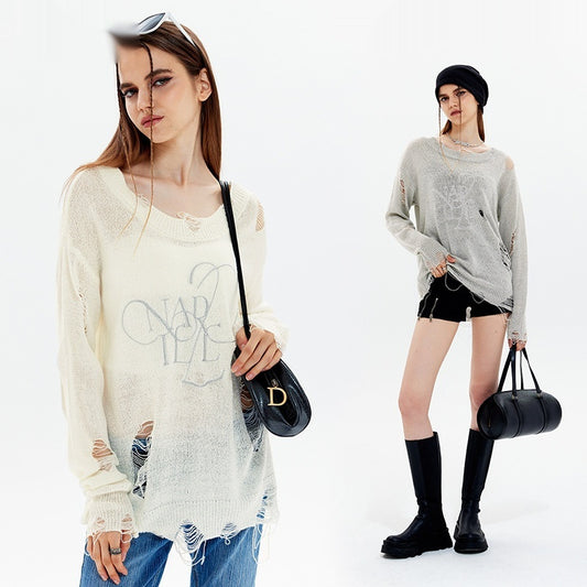 Loose Round Neck Thin Ripped Long Sleeves Shirt