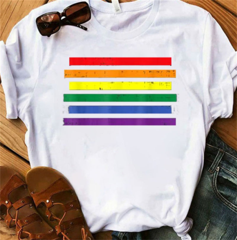 Rainbow Alphabet Print Casual Ladies Short Sleeves