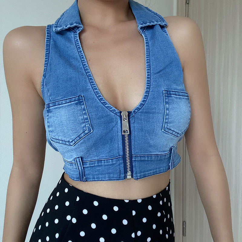 Deep V Neck Vintage Distressed Pocket Zip Sleeveless Top