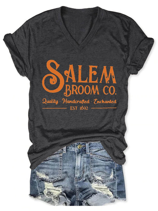 Women's Halloween Salem Broom Company V-neck T-shirt
