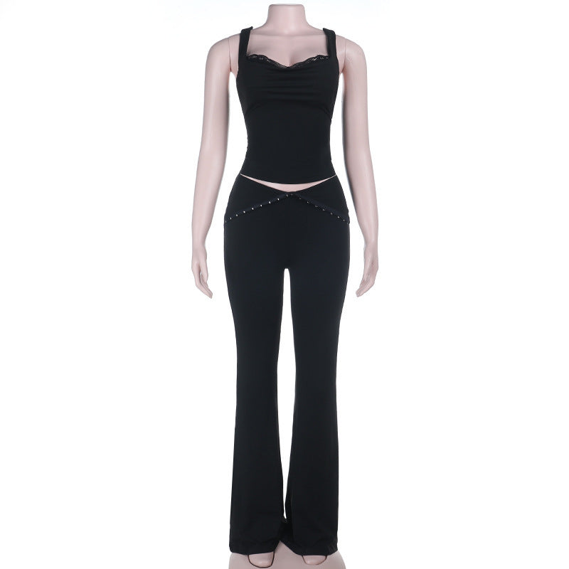 Lace Top And Flared Pants Set For Women