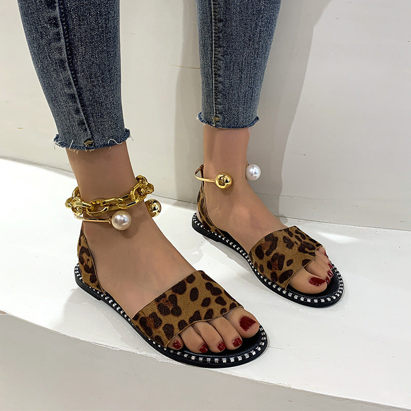Metal Foot Ring, Pearl And Leopard Print Sandals And Slippers