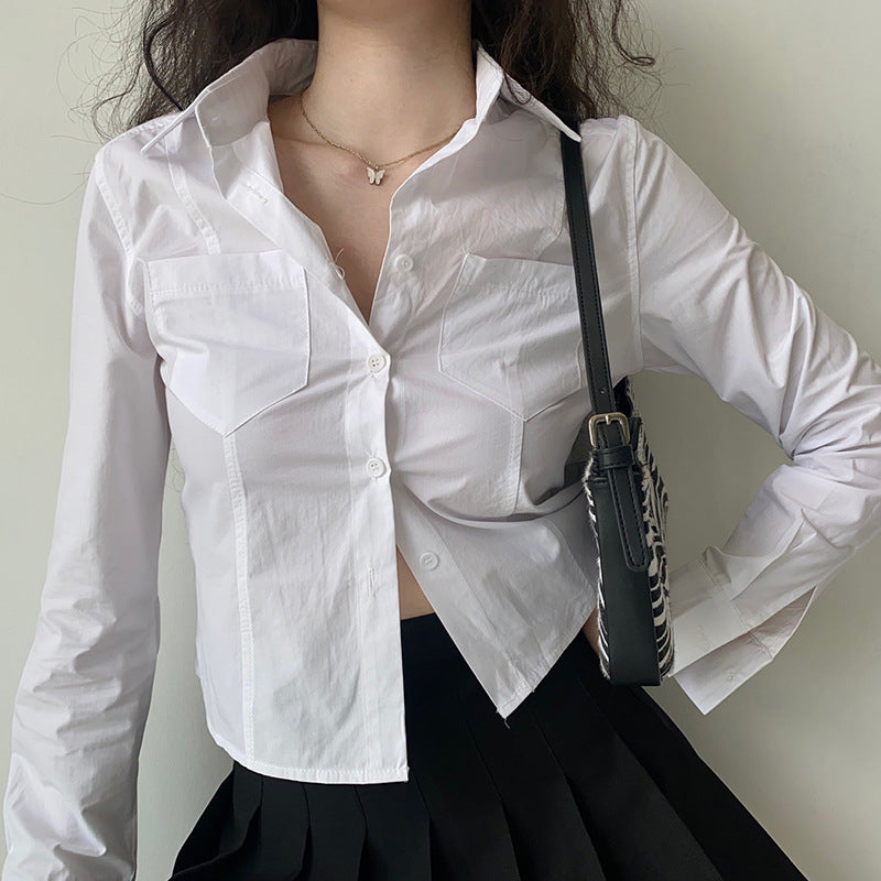 Women's Spring-Summer Top Lapel Long Sleeve White Shirt