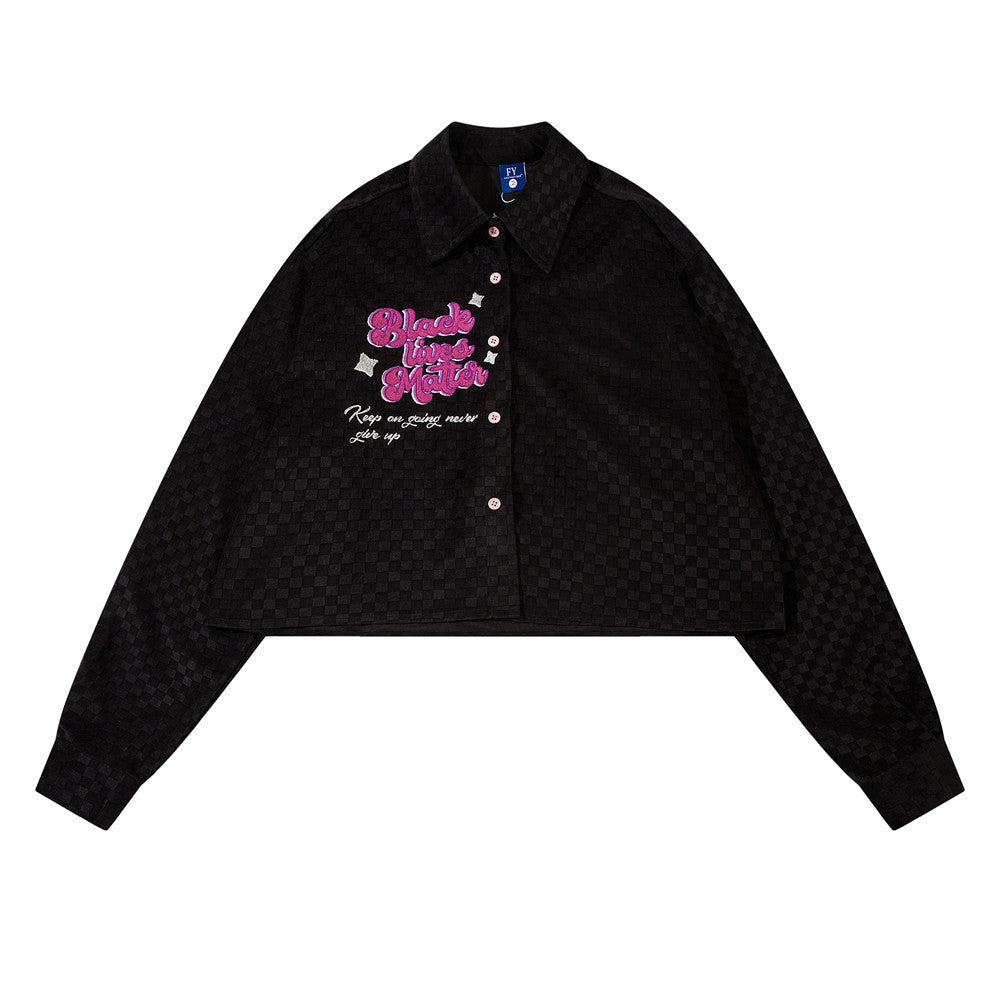 Embroidered Letter Chessboard Plaid Long Sleeve Shirt Coat