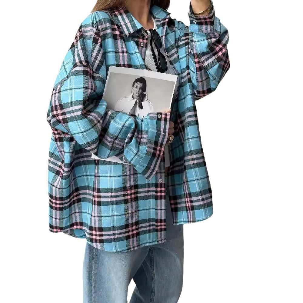 Casual Loose Design Plaid Shirt Women's Clothing