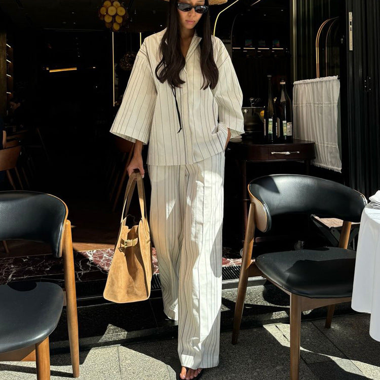 Three-quarter Sleeve Cardigan Top And Loose Wide-leg Pants Two-piece Set