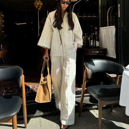 Three-quarter Sleeve Cardigan Top And Loose Wide-leg Pants Two-piece Set