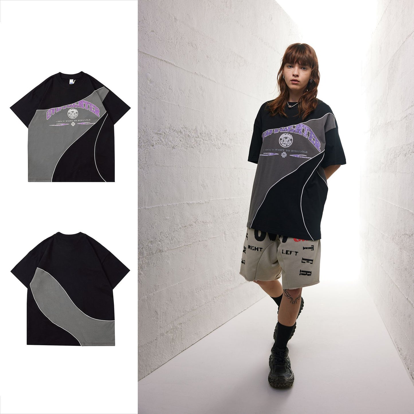 High Street Niche Retro Color Matching Tema Design Drop Shoulder Kortærmet