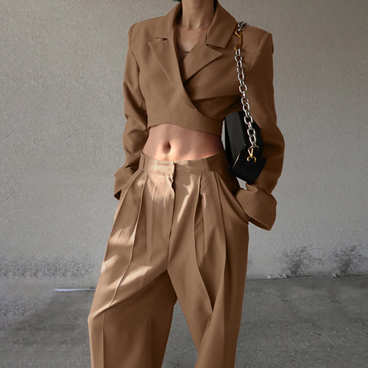 Long-sleeve Cropped Blazer And High-waist Casual Wide-leg Pants Set