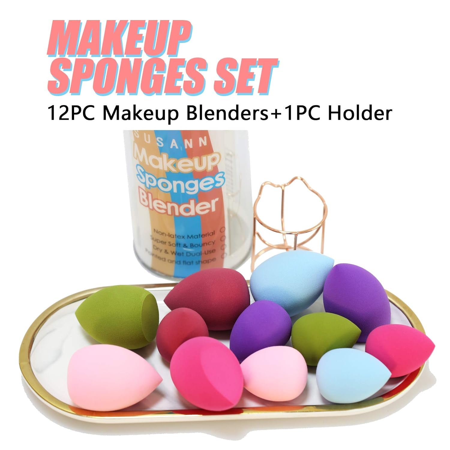 Makeup Sponge Blender Beauty Sponge Set 12Pcs and Beauty Foundation Sponge Blender Holder 1Pcs,Blending Sponges Cosmetic Puff Flawless for Cream, Liquid Foundation & Powder,Gift for Women