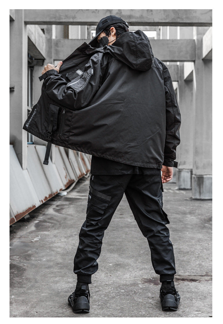 Men's Functional Loose Jacket Dark Hooded Windproof Stitching Reflective