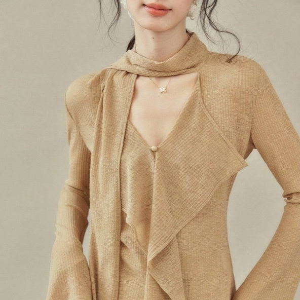 Design Sense Ribbon V-neck T-shirt Long-sleeved Top