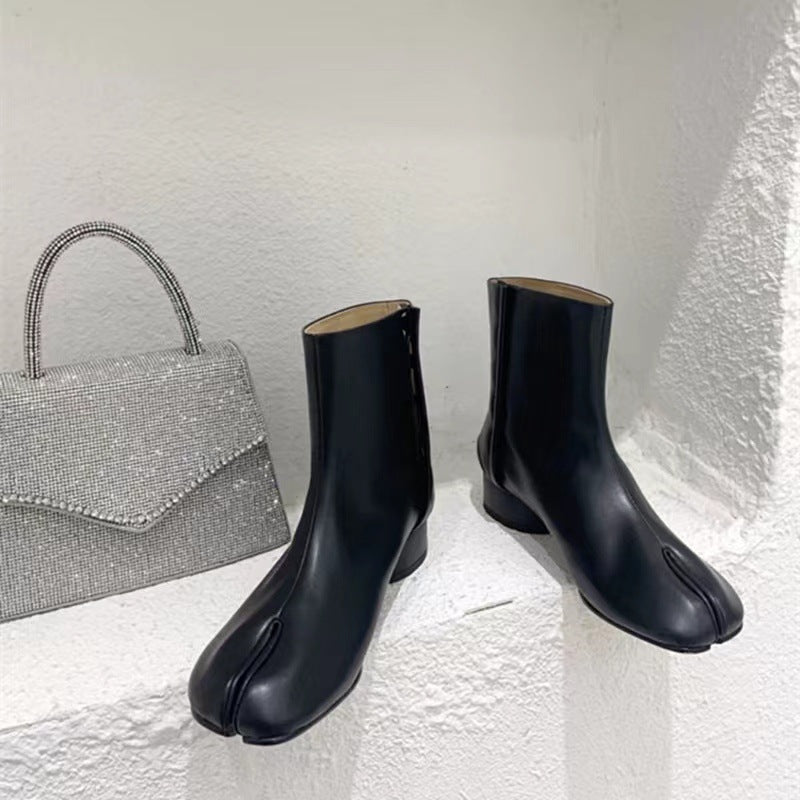 Split-toe Shoes Female Mid Heel Authentic Leather Chunky Heel Middle Boots