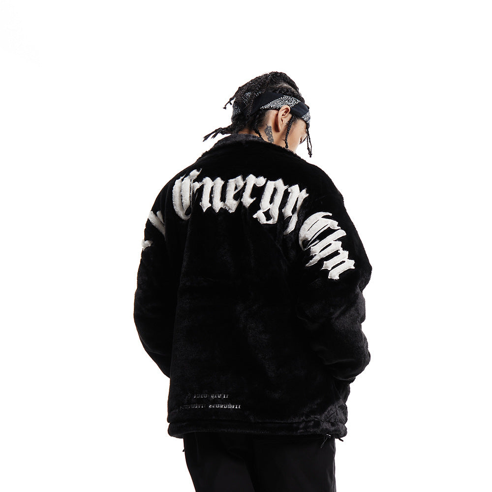 Cotton Thickened Black Loose Solid Color Zip Casual Jacket