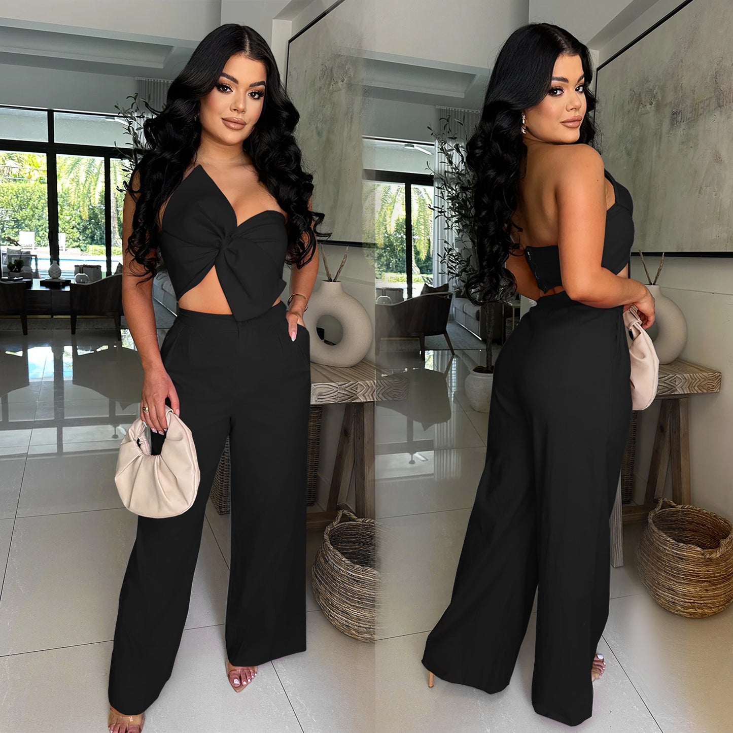 Women's Wear Sexy Bow Casual Trousers Two-piece Set New