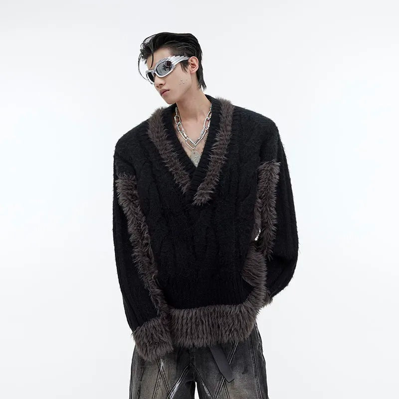 Men's Niche Plush Patchwork Knit Sweater Loose Sweater