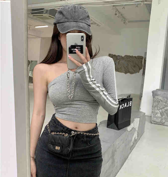 Solid Color Short Top Women's Off-shoulder Long Sleeve Casual T-shirt