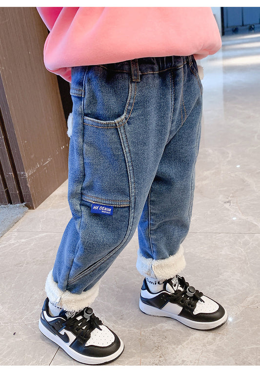Small And Medium-sized Children's Velvet Thickened Jeans