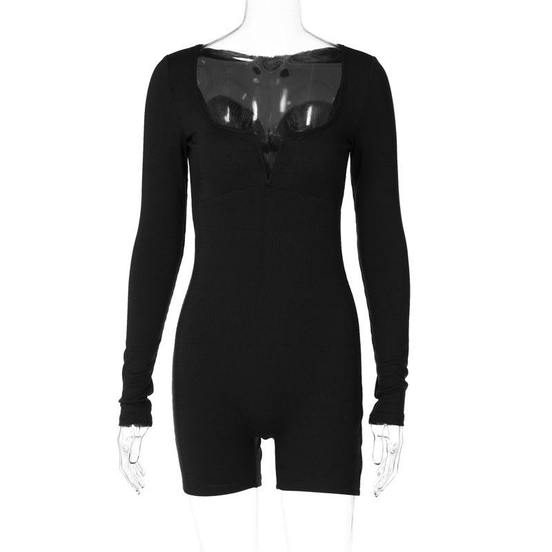 Women's Fashion Solid Color Slim U-neck Long-sleeved Jumpsuit