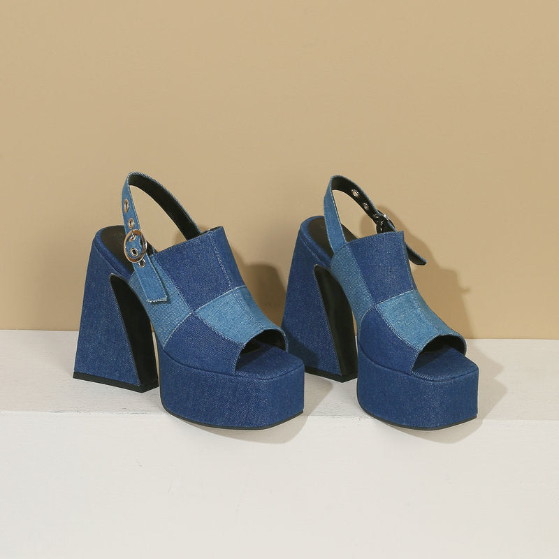 Thick Heel Super High Heel Denim Buckle Strap Peep Toe Sandals