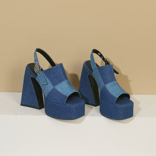 Thick Heel Super High Heel Denim Buckle Strap Peep Toe Sandals