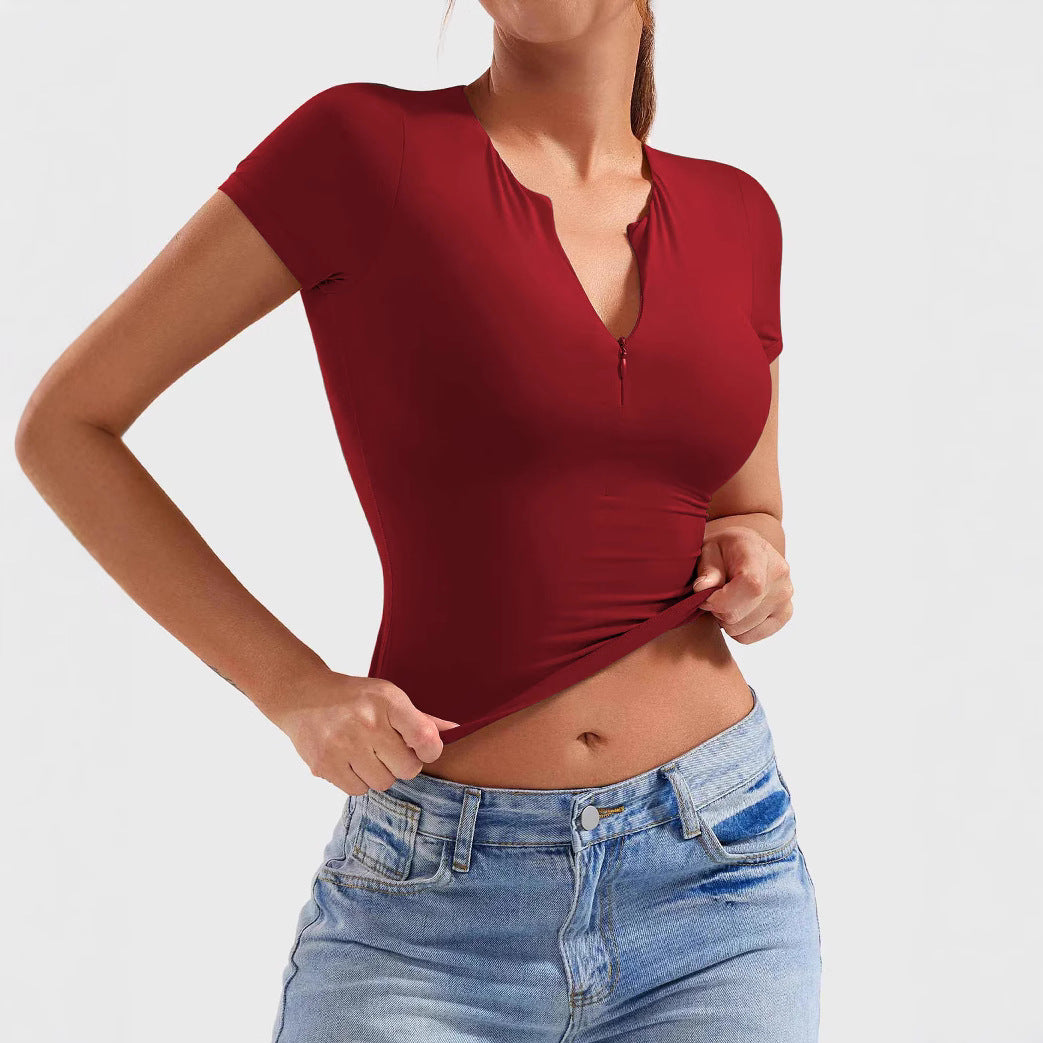 Slim Fit Moderne Yoga Kortærmet Halvlynlås Top