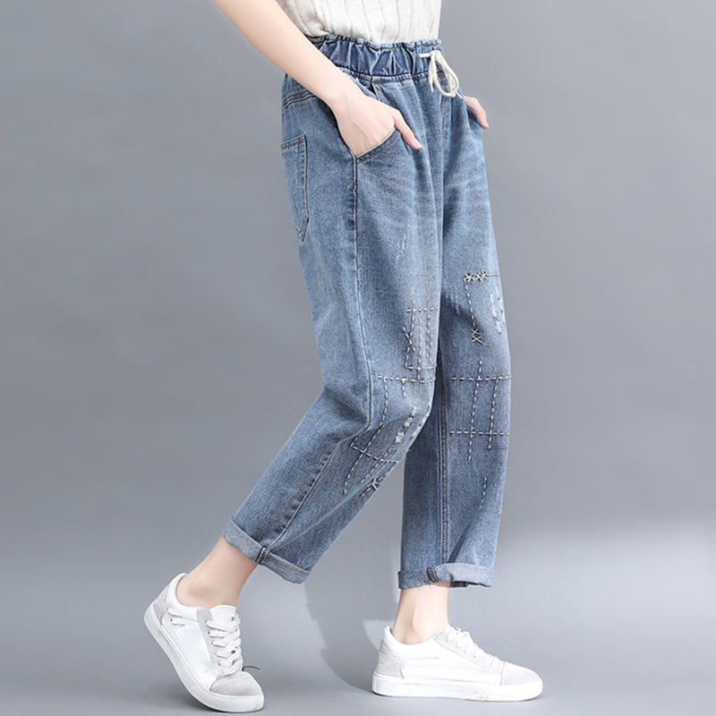 Wear Embroidered Casual Lace-up High-rise Cropped Jeans