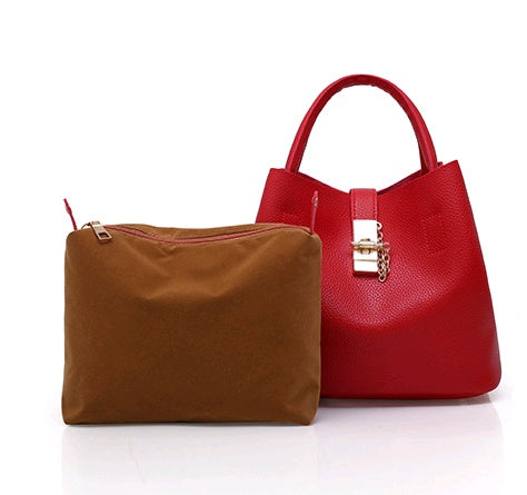 Women's bag shoulder bag thickening lychee pattern PU portable bucket bag women's mother Europe and America thick shoulder Messenger bag