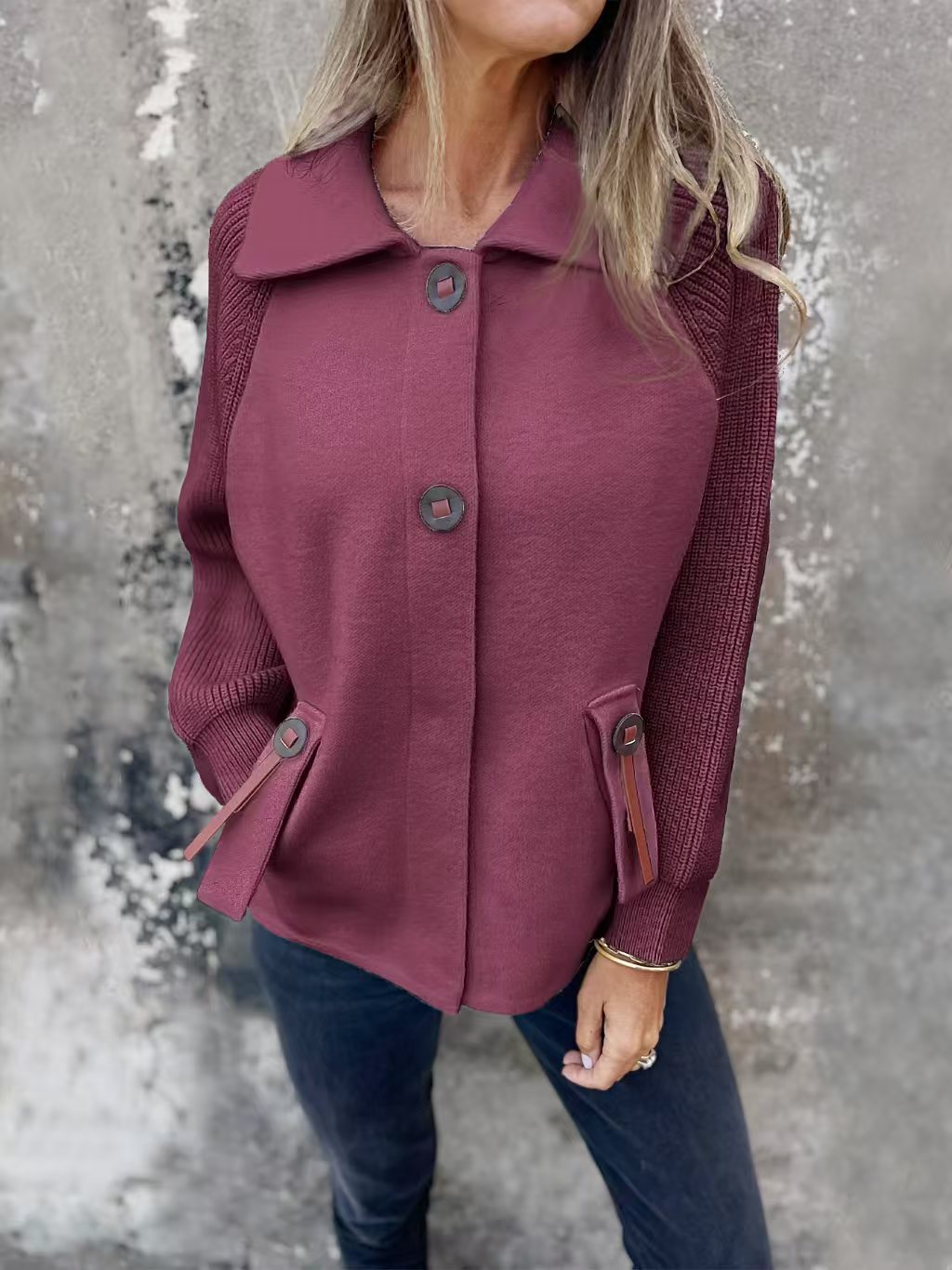 Casual Polo Collar Fashion Pocket Cuff Stitching Jacket Coat