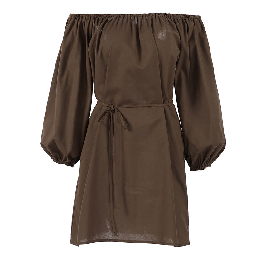 Brown Puff-sleeve Off-the-shoulder Pure Cotton Long-sleeve Dress