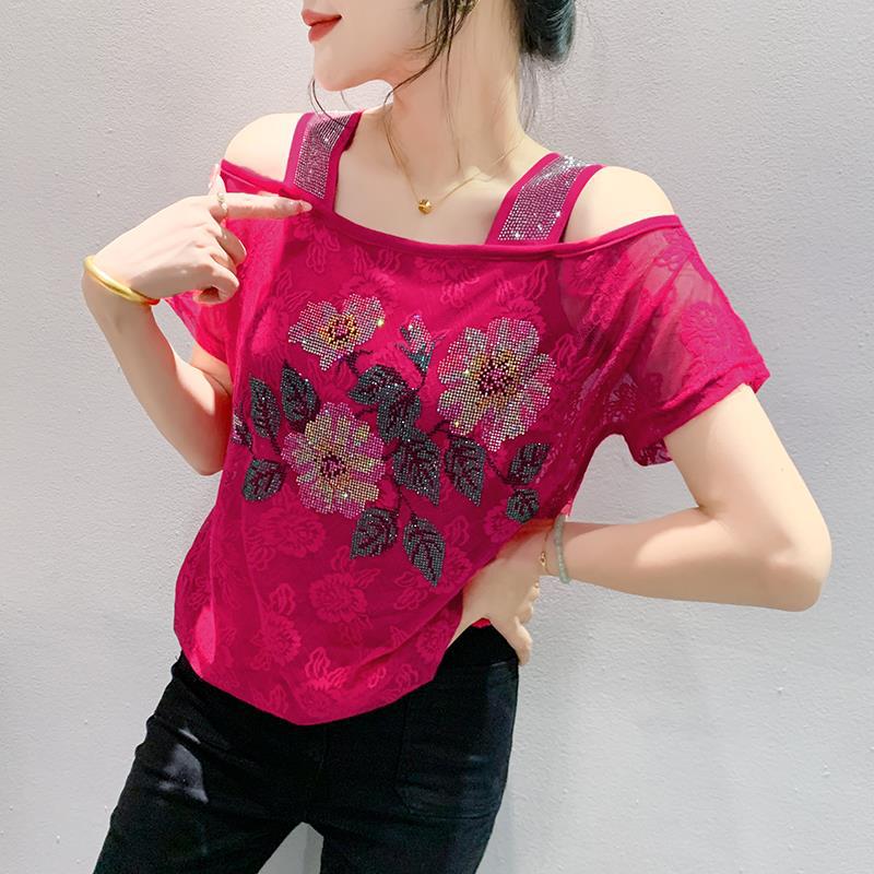 Lace Off-the-shoulder Rhinestone Top