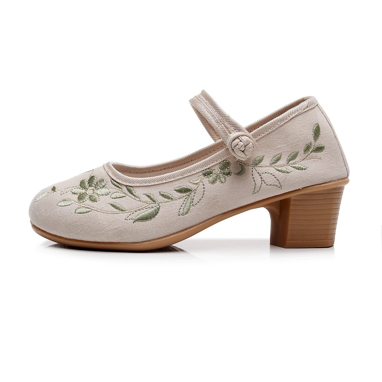 Short Heel Embroidery Frog Button 5CM Round Toe High Heels