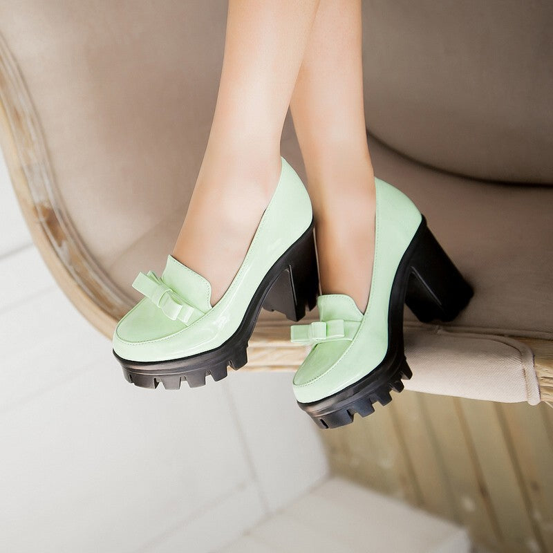 Round Toe High Heel Chunky Heel Platform Non Slip Bow Shoes