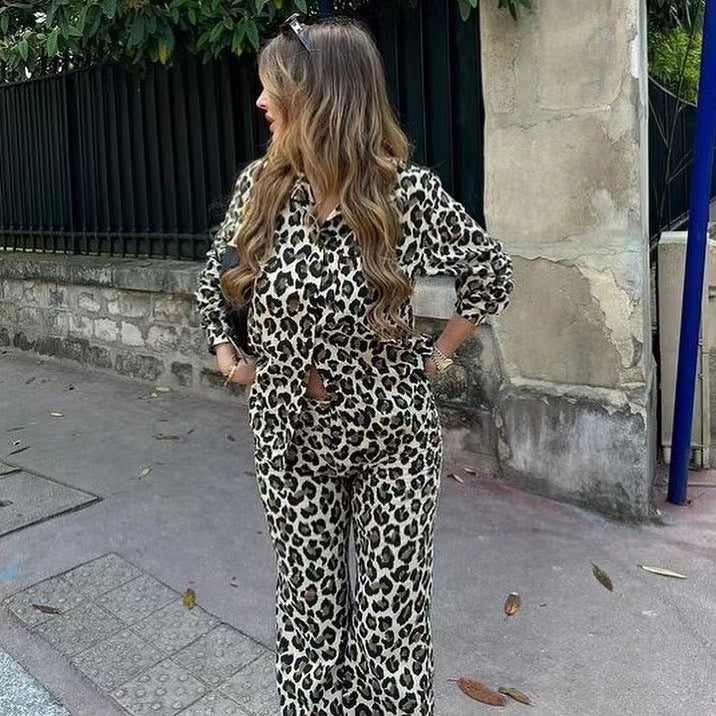 Women's Fashion Leopard Print Shirt Straight Pants Suit