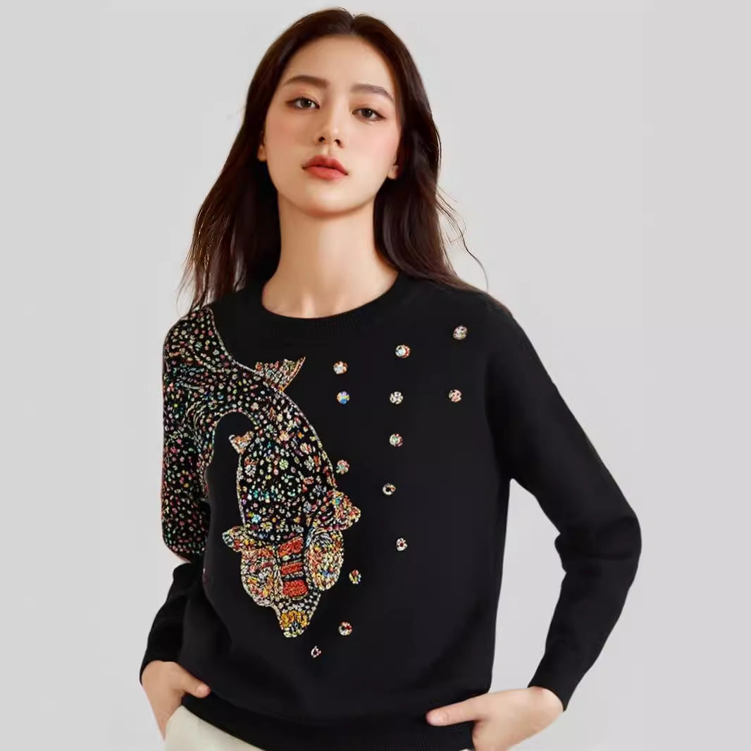Women's Beads Rhinestones Goldfish Sequined Pullover Sweater