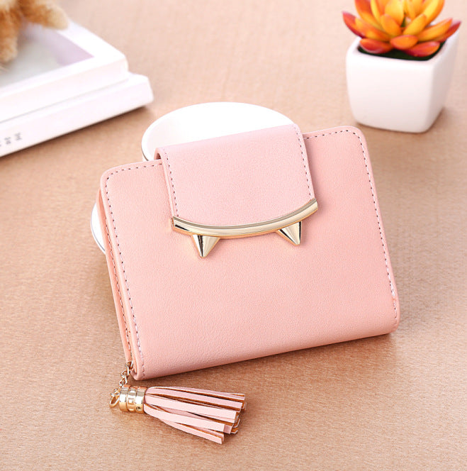 Cute Cat Ears Leather Short Tassel Women Wallet Small Day Clutch Trifold Female Purse ID Coin Card Holder Mini Bag