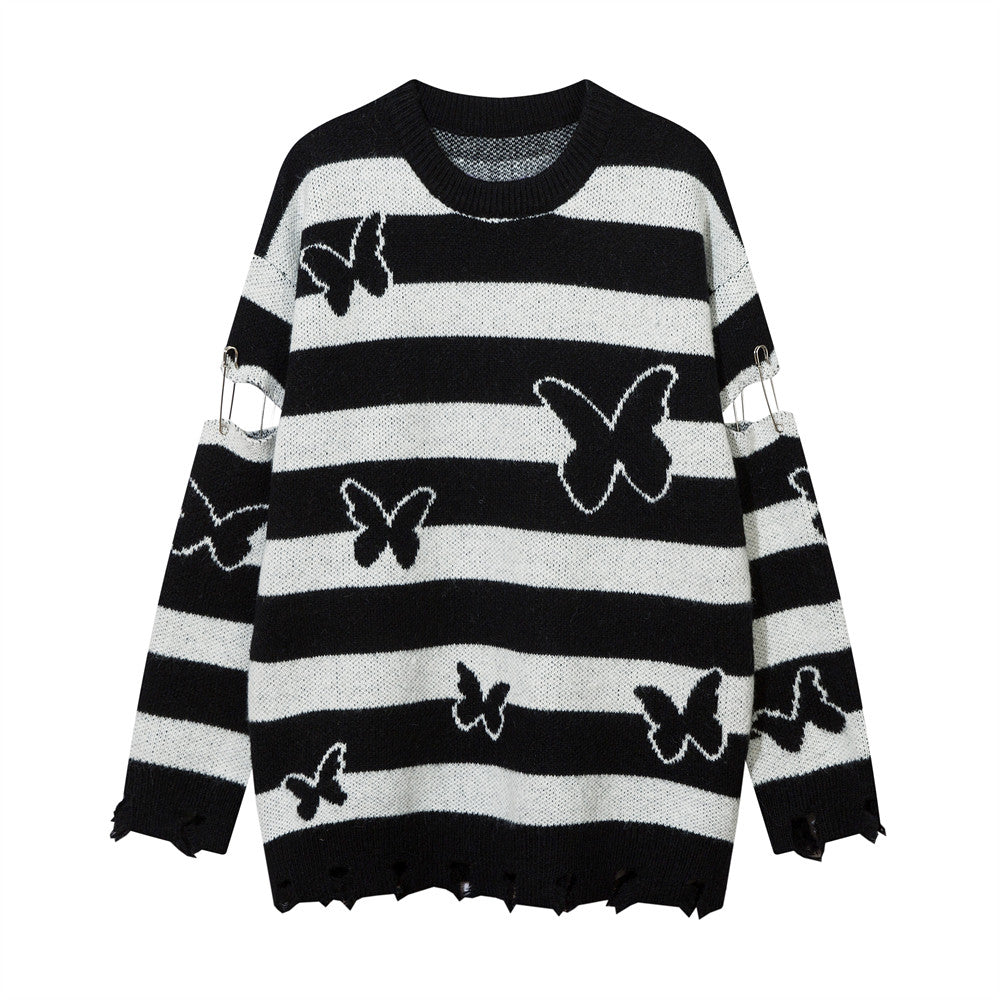 Stribet Kontrastfarvet Sommerfugl Rund Hals Sweater Efterår Og Vinter