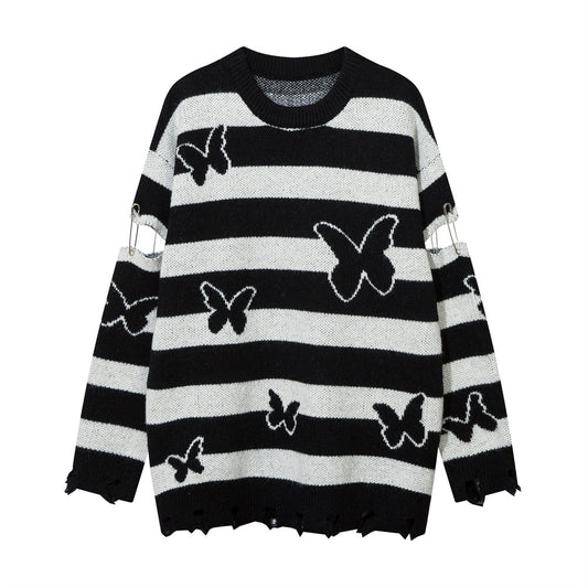 Striped Contrast Color Butterfly Round Neck Sweater Autumn And Winter