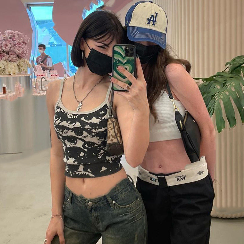 Retro Black Y2K Personalized Print Vest Sling Hot Girl Summer Slim Top