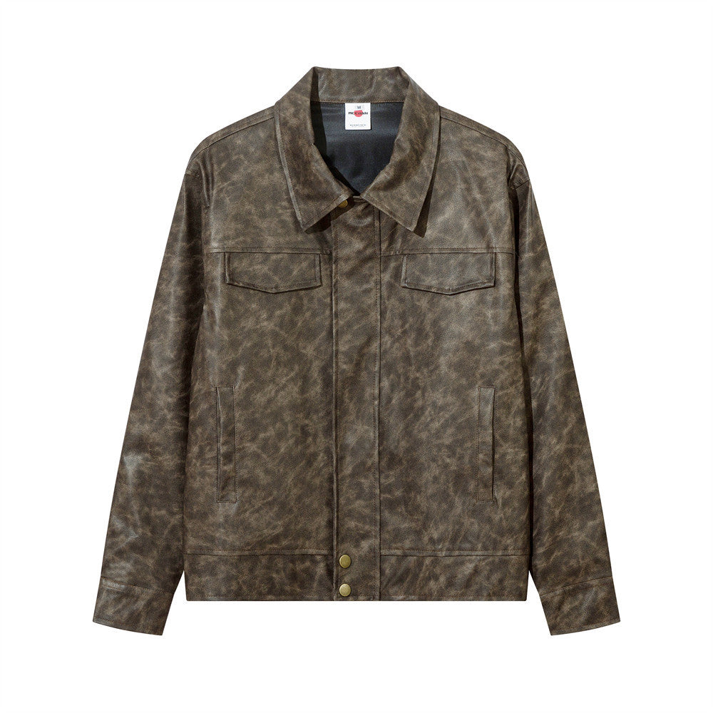 Contrast Color Texture PU Leather Coat Male