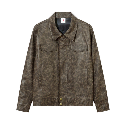 Contrast Color Texture PU Leather Coat Male