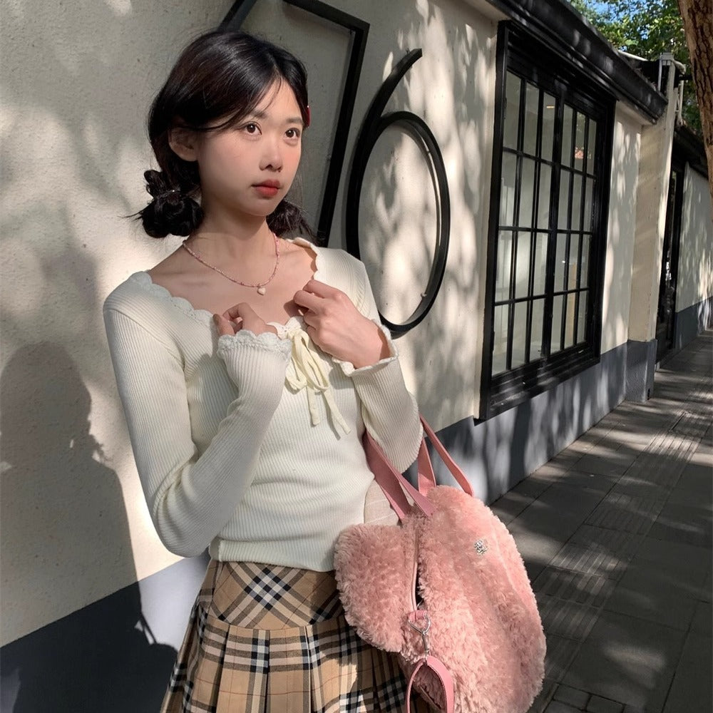 Women's Slim-fit Lace Up Bow U-neck Bottoming Shirt Top