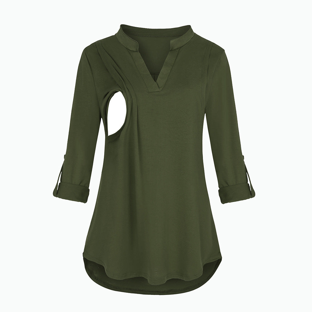 Plaid Printed Pregnant Woman Breastfeeding V-neck Long Sleeve Top
