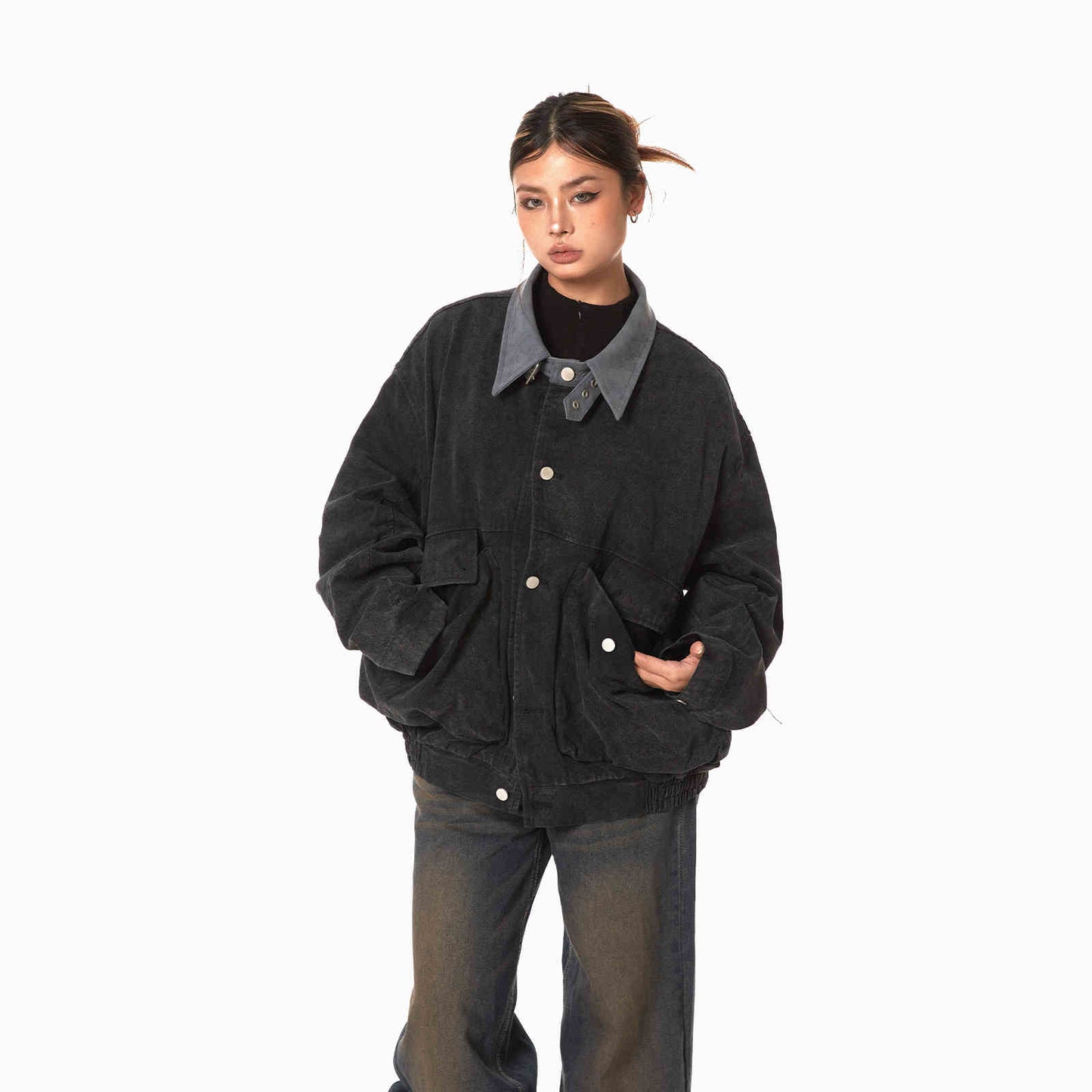 Lapel Tooling Distressed Large Pocket Stitching Jacket Loose Casual Short Coat