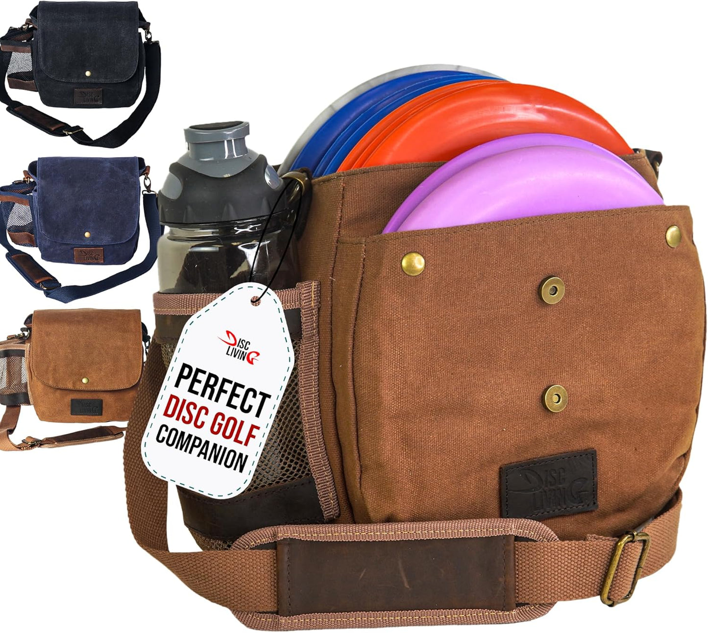 Disc Golf Bag | Frisbee Golf Bag | Easy to Carry | Lightweight Fits up to 10 Discs | 16 Oz Waxed Canvas Sturdy Design | Belt Loop | Double Button Design | Bottle Holder