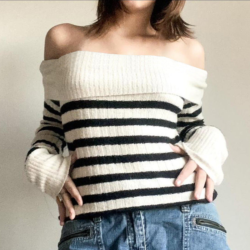 European And American Women's Clothing Contrast Color Striped Off-shoulder Sweater