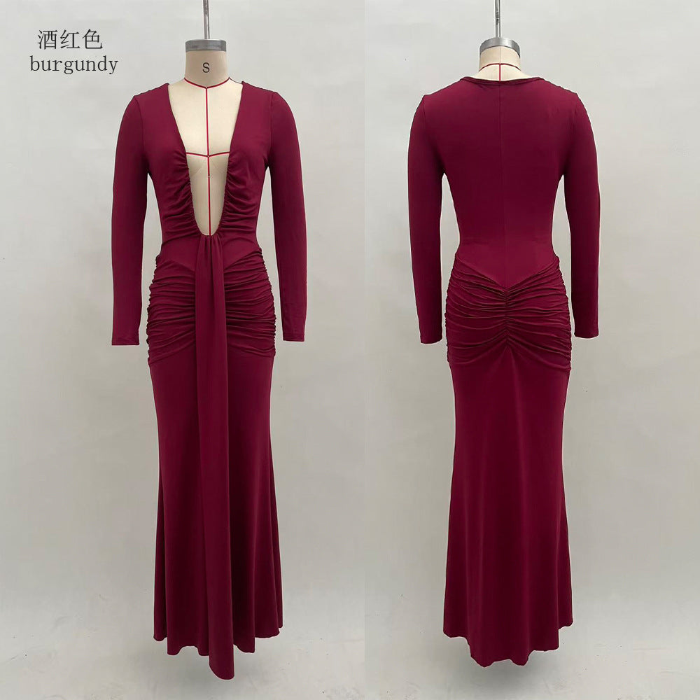 Solid-color Elegant Deep-V Waist-cinched Sexy Long-sleeve Dress With Fluttering Ribbons For Women