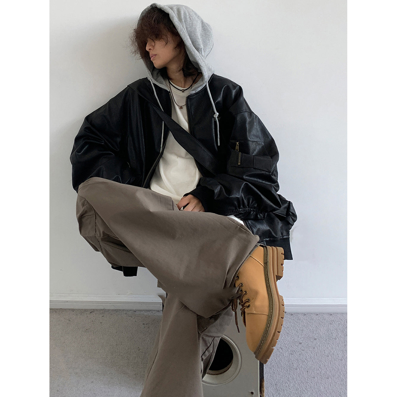American Street Retro Patchwork Hooded Biker's Leather Jacket Coat