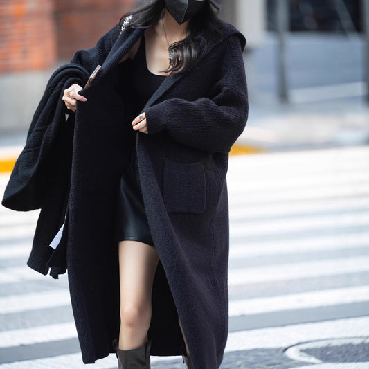 Long Knitted Cardigan Women's Sweater Hooded Trench Coat Coat