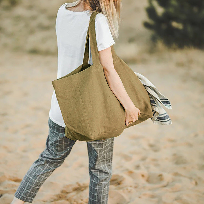 Large Beach Bag Natural Pure Linen Large Capacity Handbags